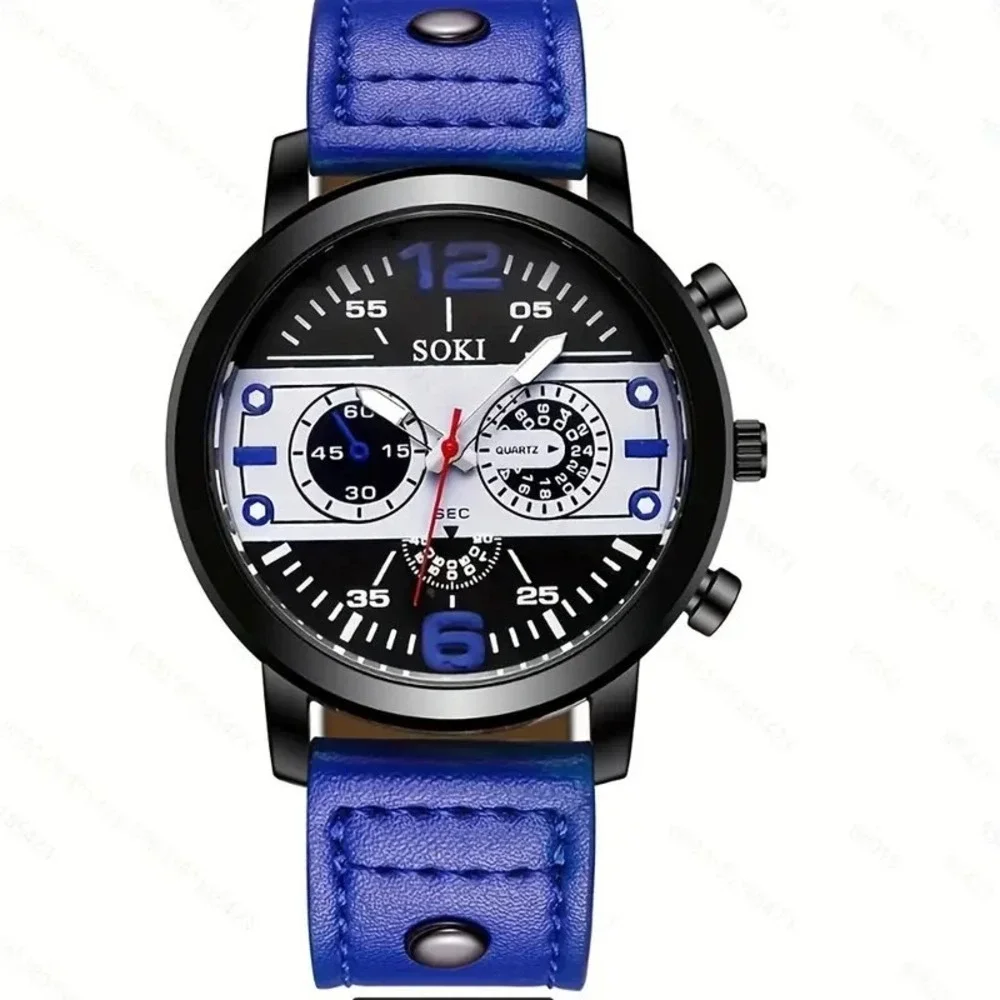 SOKI Mens Sport Quartz Watch Black Blue Leather Strap Military Racing‎ Style NEW